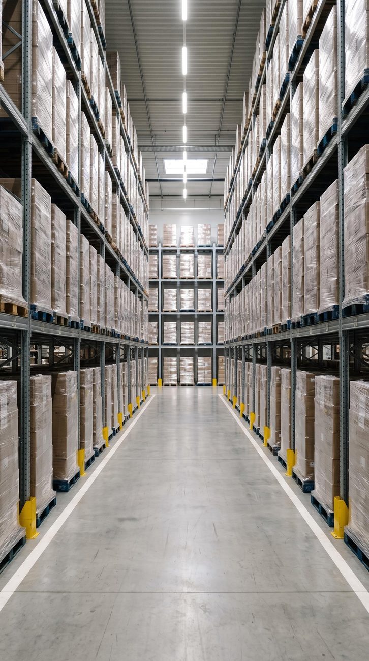 Warehouse aisle lined with pallet racking and stored goods